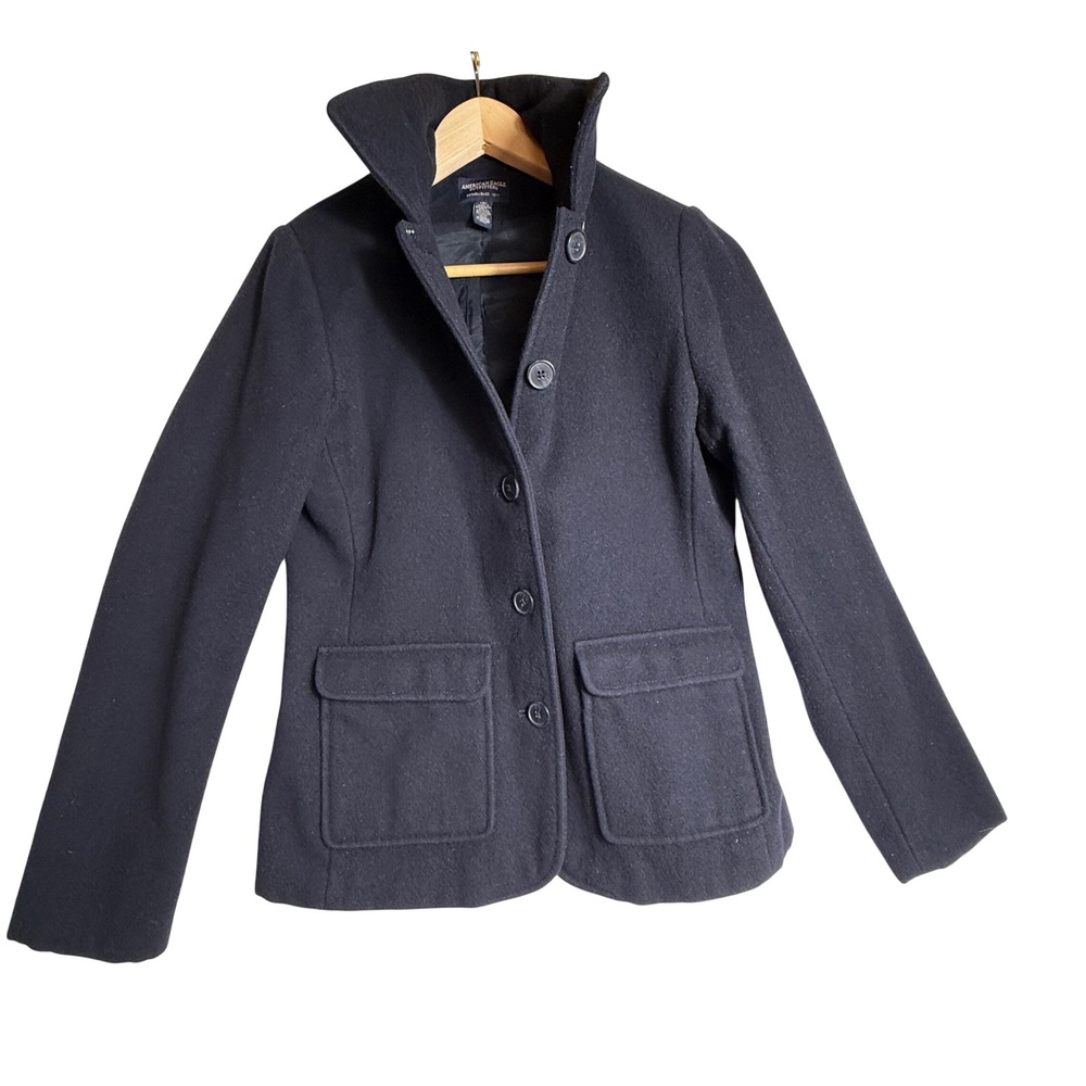American Eagle Wool Blend Pea Coat High Collar Jacket Black Size Small